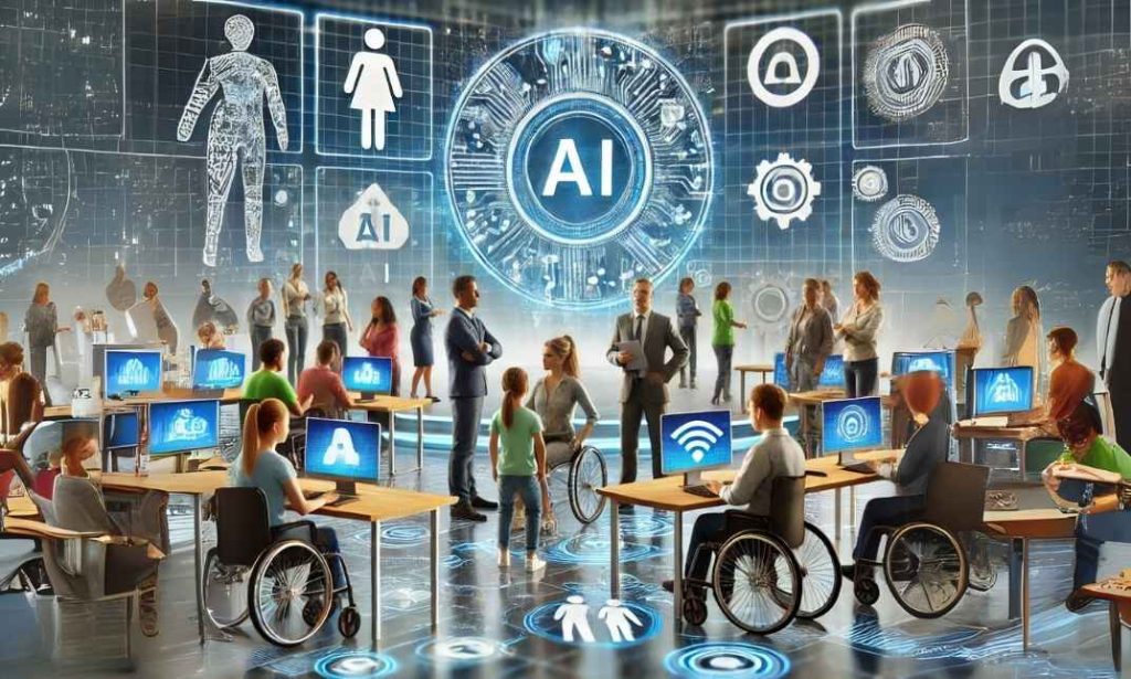 Eine futuristische digitale Lernumgebung mit einer vielfältigen Gruppe von Menschen, darunter Schüler:innen, Fachkräfte und Menschen mit Behinderung, die sich mit Technologie beschäftigen. Holografische Bildschirme zeigen KI-Symbole, Cybersicherheits-Icons und Barrierefreiheitsfeatures. Die Atmosphäre ist modern, inklusiv und technologieorientiert.